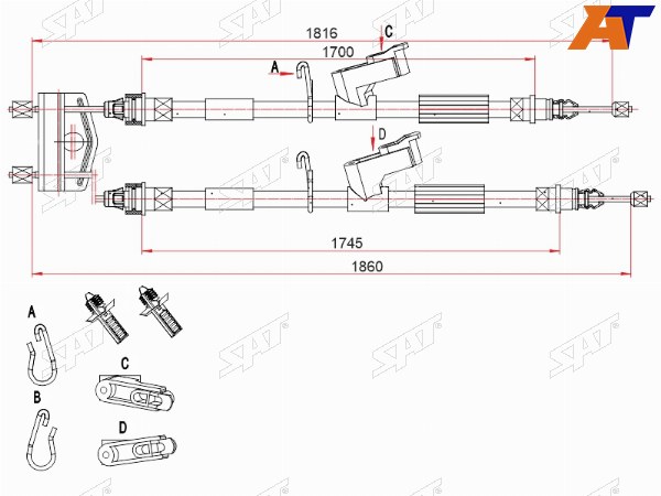 Трос ручного тормоза FORD FOCUS 05-11 (дисковые тормоза)