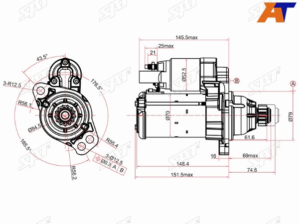 Стартер Audi A3 12-19  Q3 11-19  Skoda Kodiaq 16-22  Octavia 12-20  Rapid 12-  Volkswagen Golf