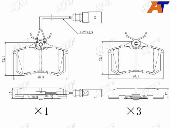 Колодки тормозные зад SKODA OCTAVIA 12- VW TRANSPORTER 90-03 (с датчиком)