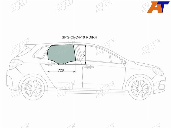 Стекло боковое опускное (Сзади Справа Цвет зеленый) Citroen C4 04-