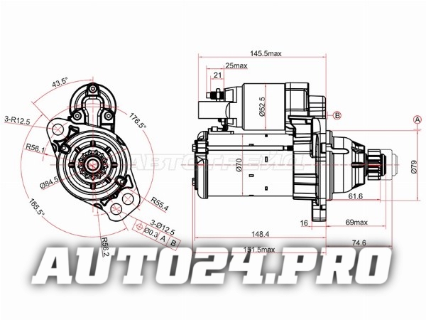 Стартер Audi A3 12-19 / Q3 11-19 / Skoda Kodiaq 16-22 / Octavia 12-20 / Rapid 12- / Volkswagen Golf